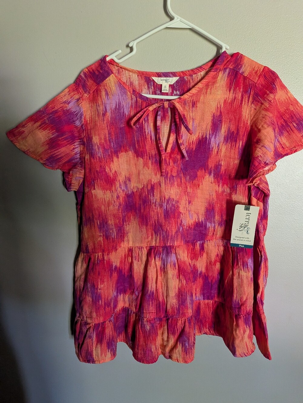 Terra & Sky Pink Orange Purple Tie-Neck Ruffle Tunic